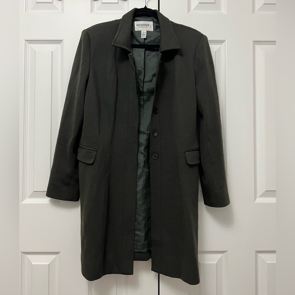 HOLT RENFREW (12) Vintage Pure New Wool Army Green Blazer Jacket Mid Length Coat